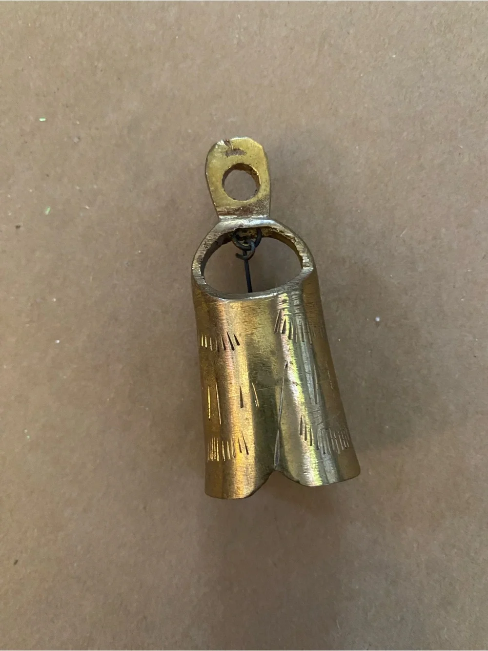 Brass Vintage gold Tone Bell etched, old, patina, Christmas bell Ange wing look